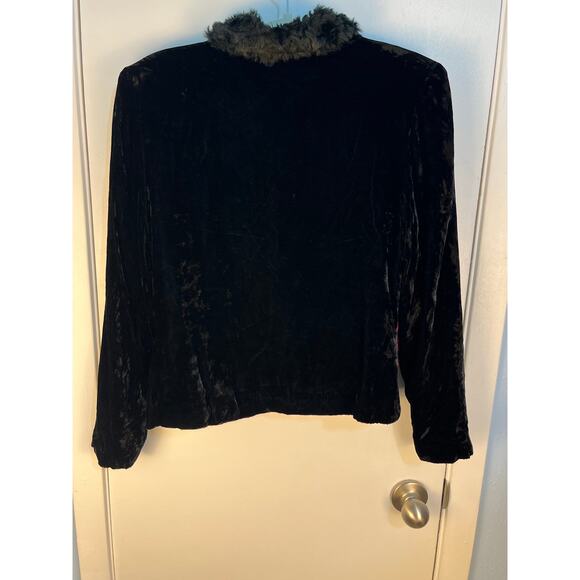 VTG Lucia Lukken Velvet Jacket Medium Black Faux Fur Collar Patchwork Preppy - Picture 3 of 8